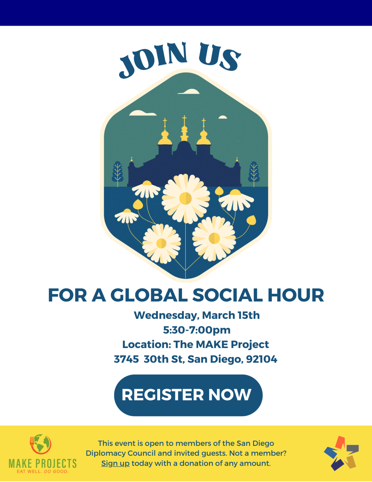 Ukrainian Business Leaders Global Social Hour flyer. A blue header bar, and yellow footer bar, with graphic image of Kyiv in tones of green, blue, and yellow in the center.